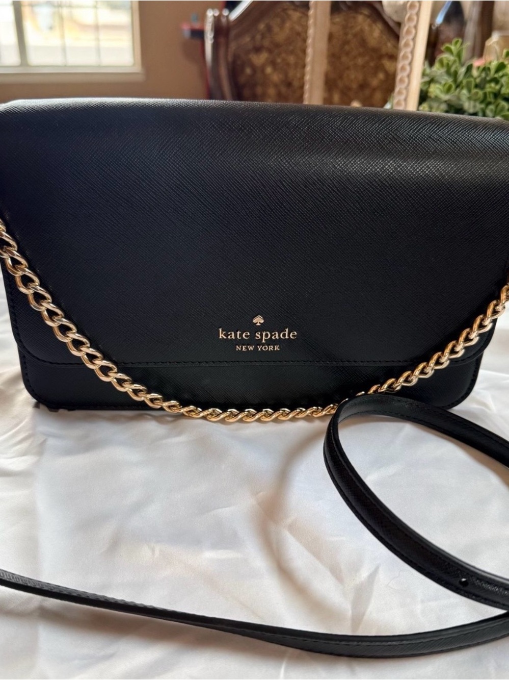 kate spade Black Leather Crossbody with Gold Chain Detail
